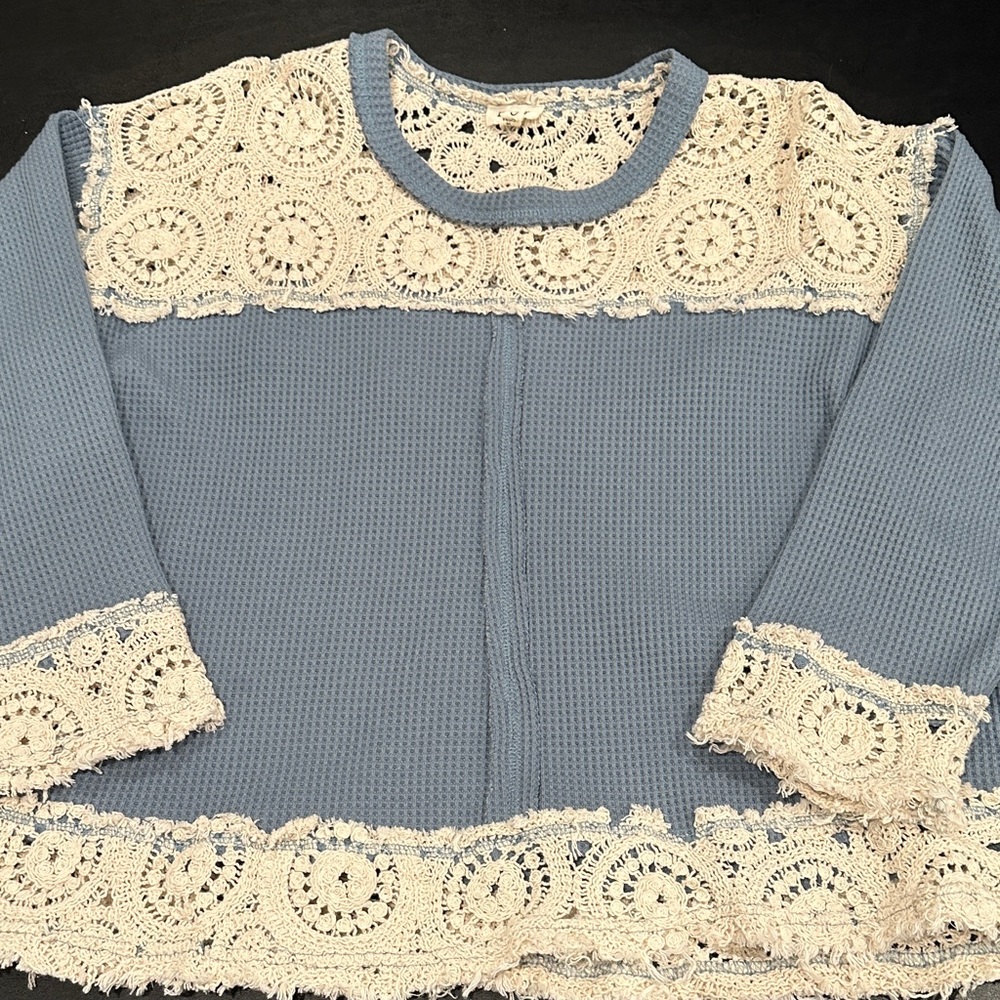 POL Blue Waffle Knit Top with Cream Crochet Trim